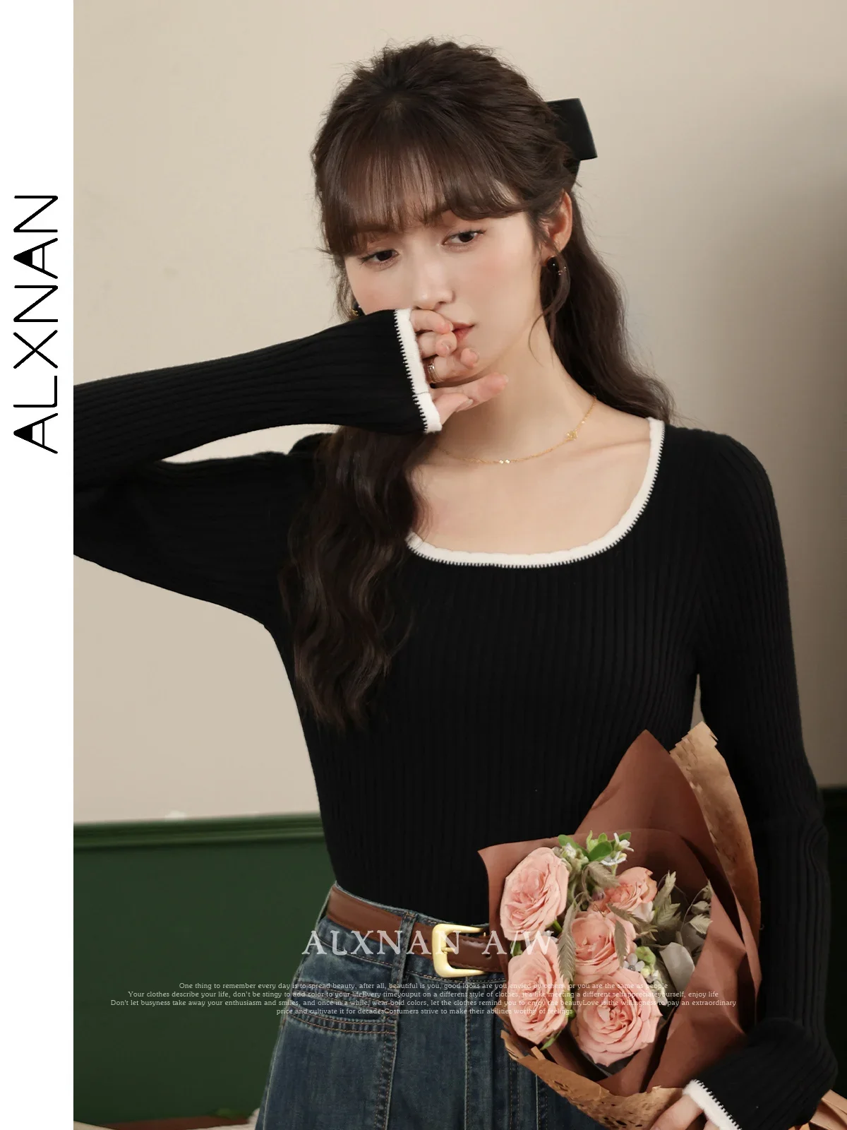 سترة نسائية سوداء من ALXNAN بلوفرات محبوكة أنيقة بياقة مربعة وأكمام طويلة ملابس تريكو نسائية LXN320107 #5