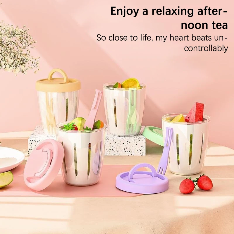

Dripable Fruit Cup With Fork Portable Sealed Leak Proof Picnic Box For Kitchen Double Layer Fruit Cup Draining Salad Snack Cup