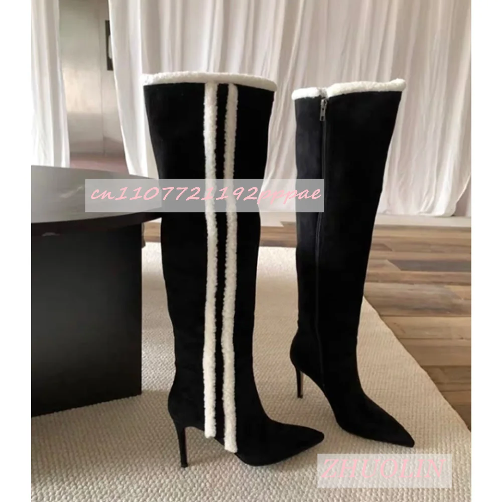 Winter Brown Suede Knee-High Boots Women'S Retro Pointed Stiletto Heel Slip-On Boots Sexy Trendy Large Size Warm Long Boots 46