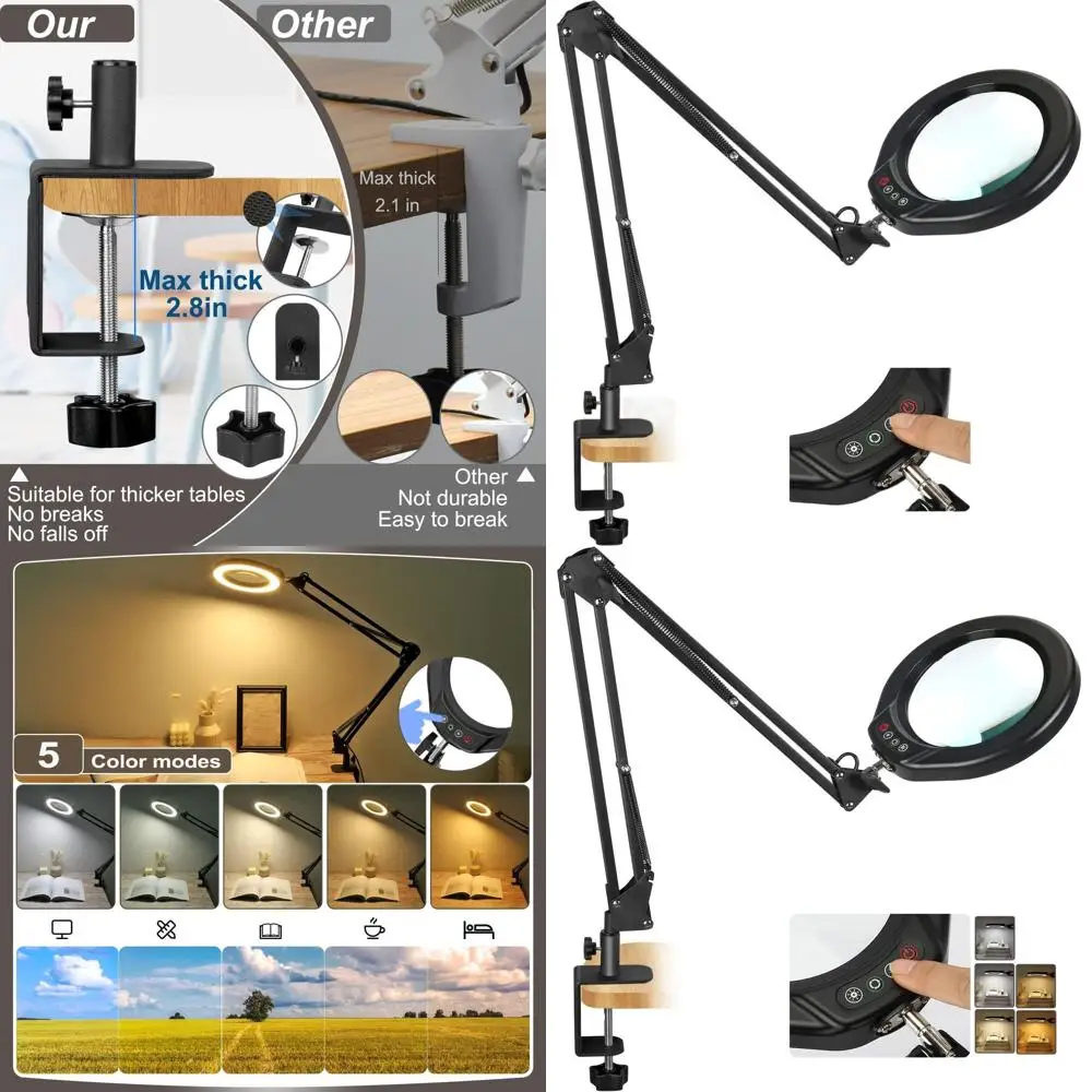 

5 LED Desk Lamp with 10X Magnifier, Adjustable Light, Clamp & Stand for Crafts & Hobbies
