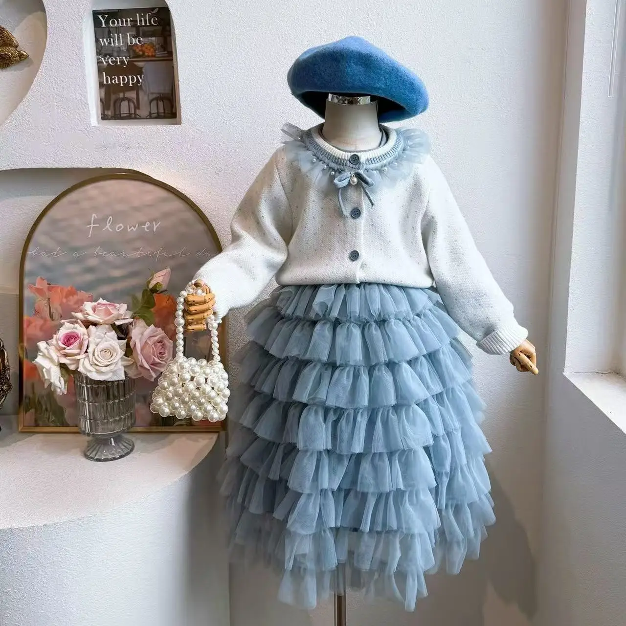 2026 ملابس الخريف للأطفال أنيق البولكا نقطة سترة متماسكة الفتيات طفل طويل الأكمام المرقعة تول المتدرج تنورة فستان الأميرة #5