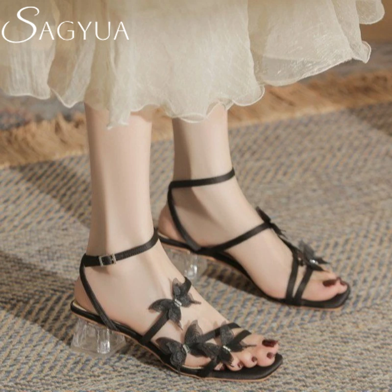 

Women High Heels Sandals Square Toe Chunky Shoes Butterfly New Designer 2025 Dress Party Woman Slippers Summer Luxury Sexy Pumps