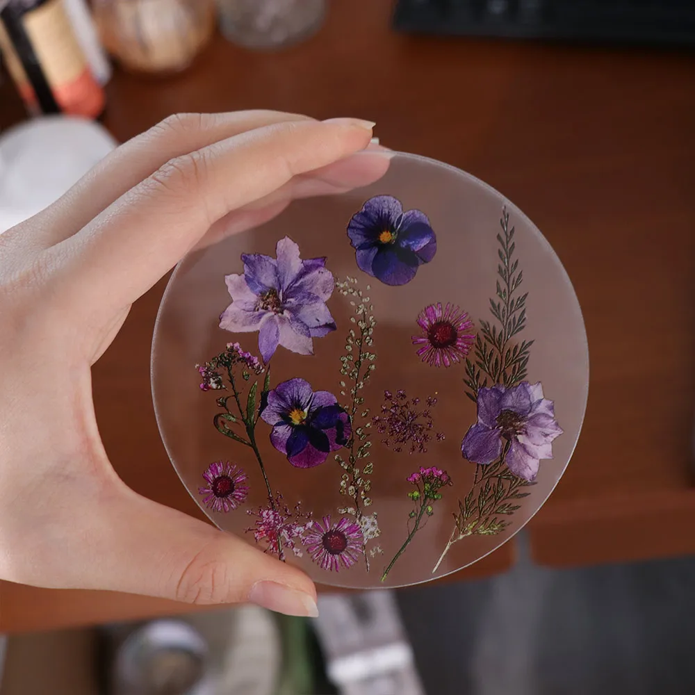Table Decoration Round Acrylic Coasters Colorful Transparent Floral Print Coasters Sweet Insulation Pad Kitchen