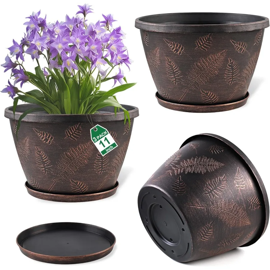 

11 inch Plant Pot 3 Pack Large Pots for Plants Flower Pots with Drainage Hole Saucer Modern Planters for Indoor Outdoor Plants