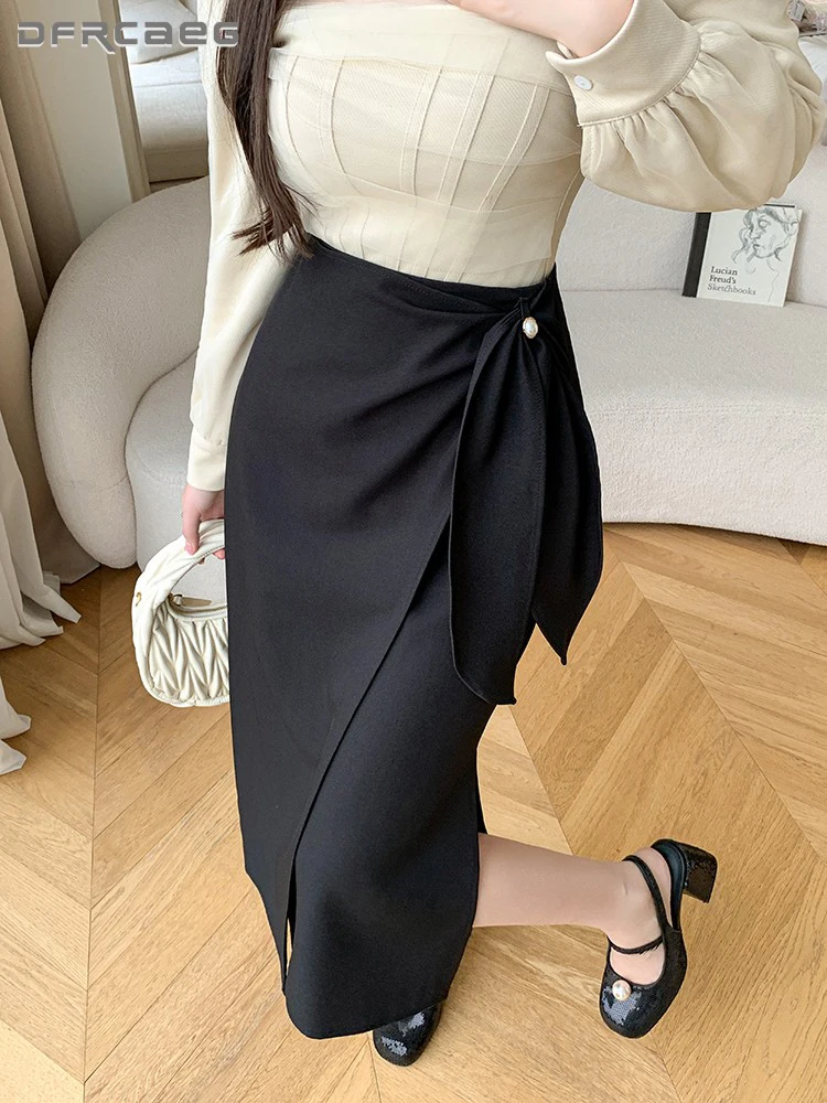 

Elegant Fashion Casual Irregular Midi Skirt Woman 2024 High Waist Summer Office Work OL Suit A-Line Skirt Female