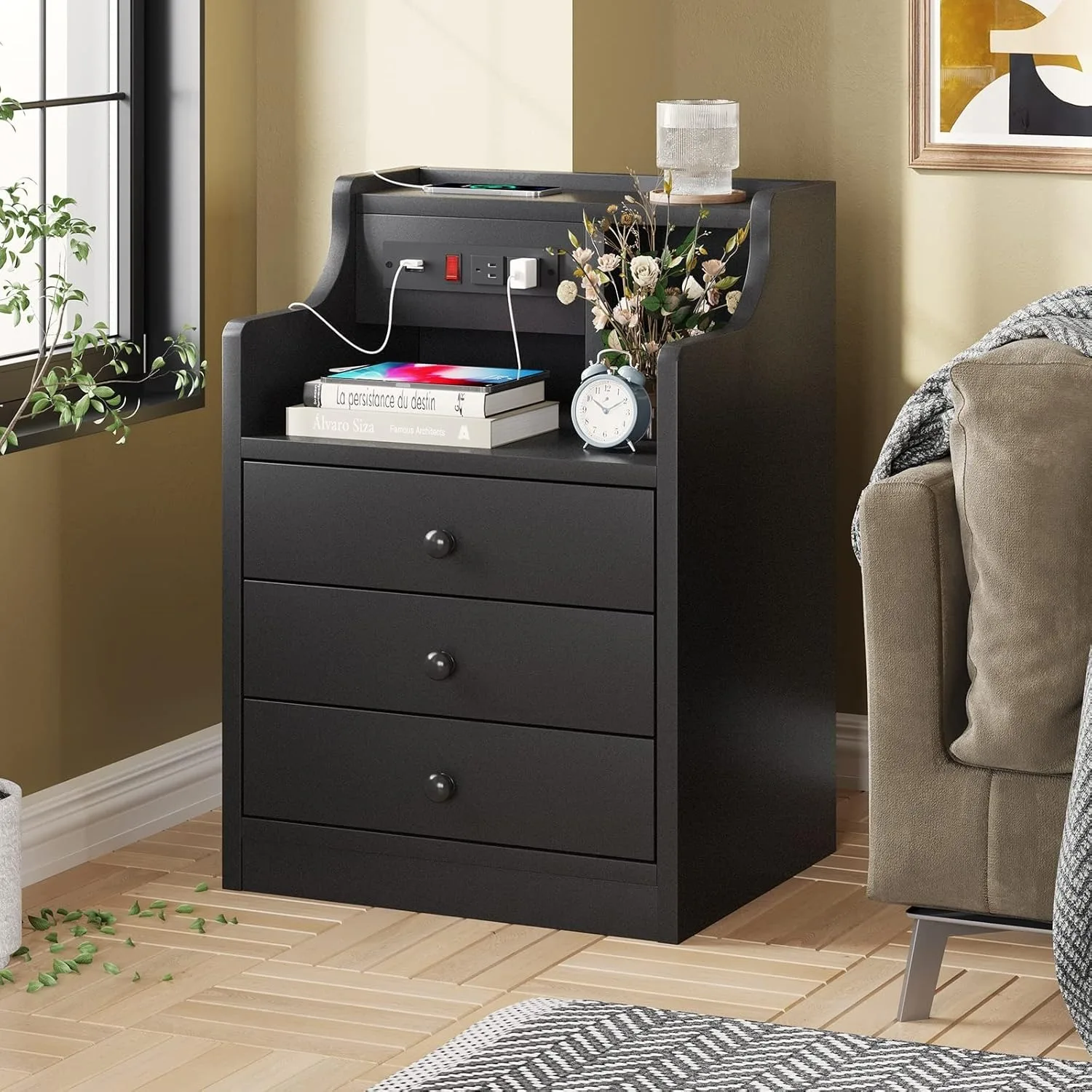 Nightstand with Charging Station,Night Stand with Hutch & Storage Drawers, End Table Side Table Bedroom，13.8