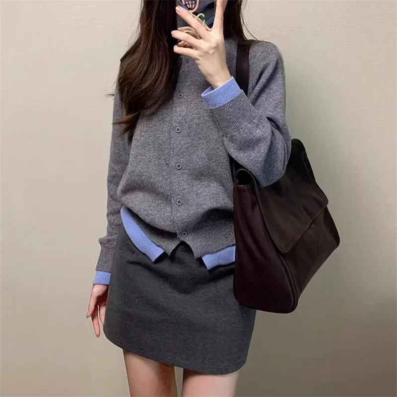 

2025 Gray Soft Waxy Fake Two-piece Knitwear Women's Autumn Sweater Feminine Casual Versatile Button-down Cardigan Jacket