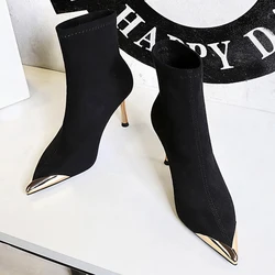 BIGTREE Winter Concise Black Women Ankle Boots Pointed Toe Design Metal Decoration High Stiletto Heels Shoes Zapatillas Mujer