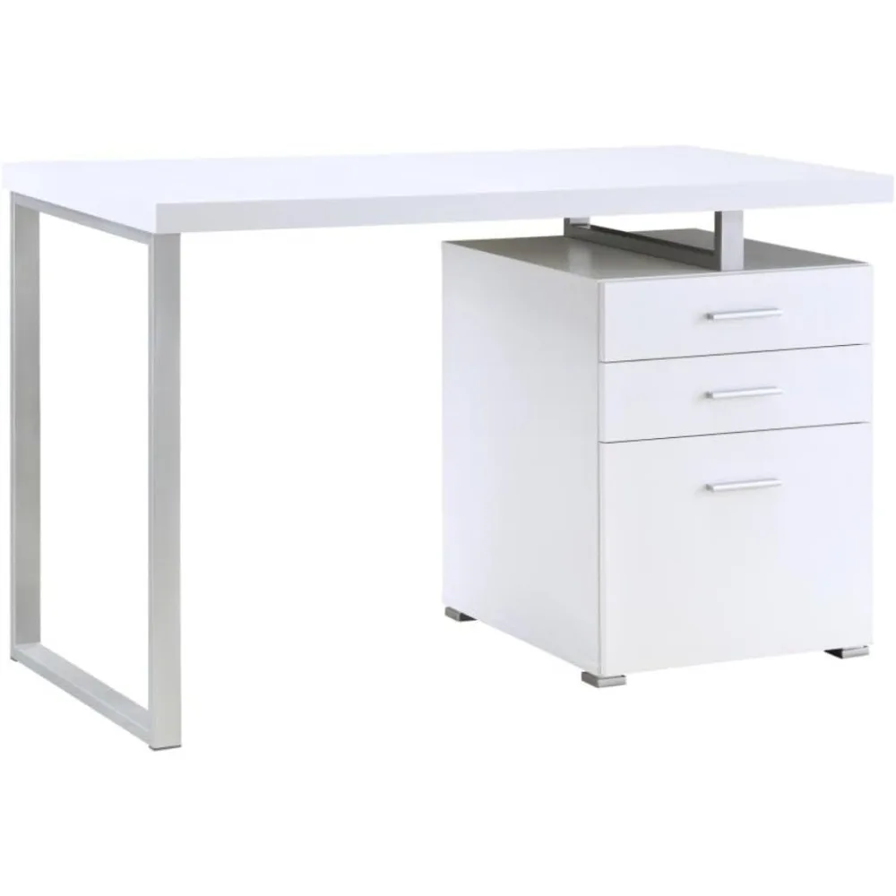 

Computer desk with 3 drawers, 47.25W x 23.5D x 30H inches, white and silver metal frame, filing cabinet