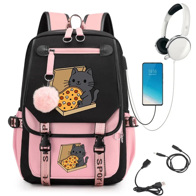 

Школьная сумка в стиле аниме Pizza Cat для девочек, большой студенческий рюкзак, рюкзак для школьников, сумка с героями мультфильмов, рюкзак с зарядкой через USB Mochila