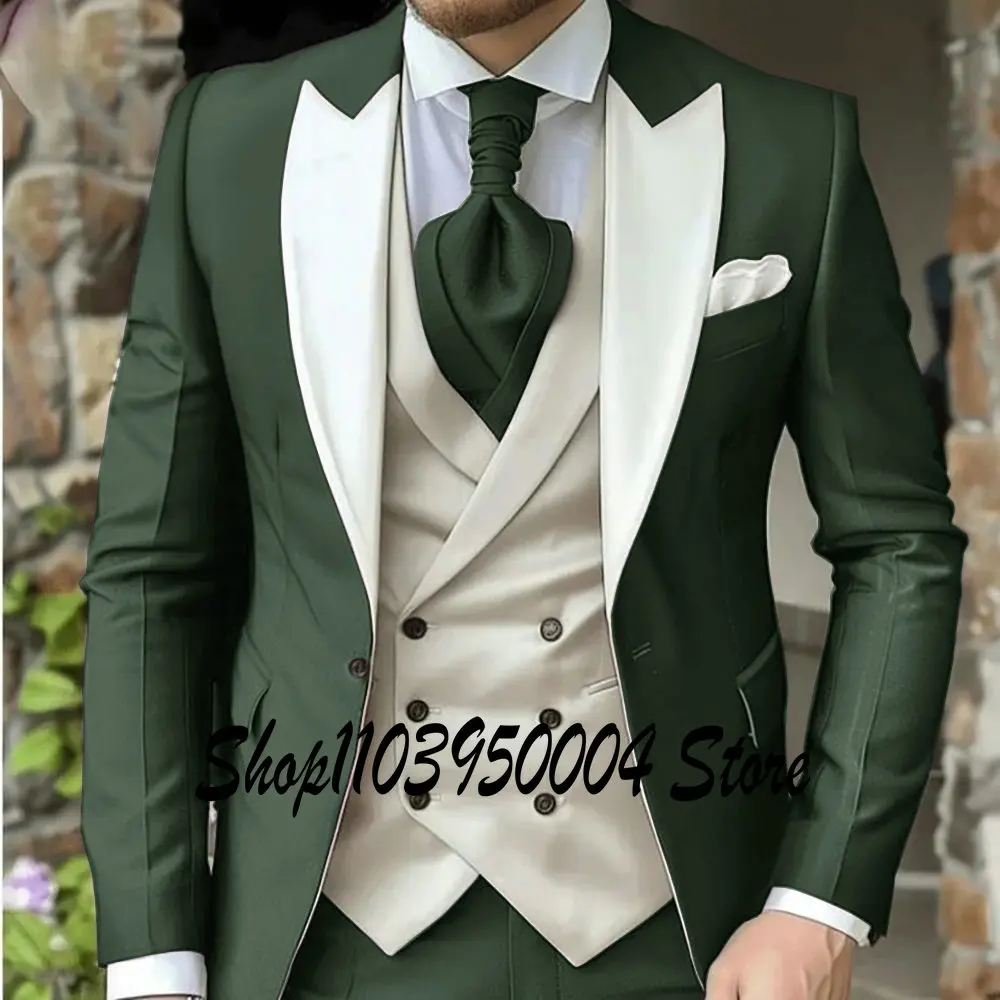 

Classic Dark Green Wedding Suits For Men Custom Made 3 Piece Jacket Vest Pants Set Formal Groom Peaked Tuxedos Costume Homme