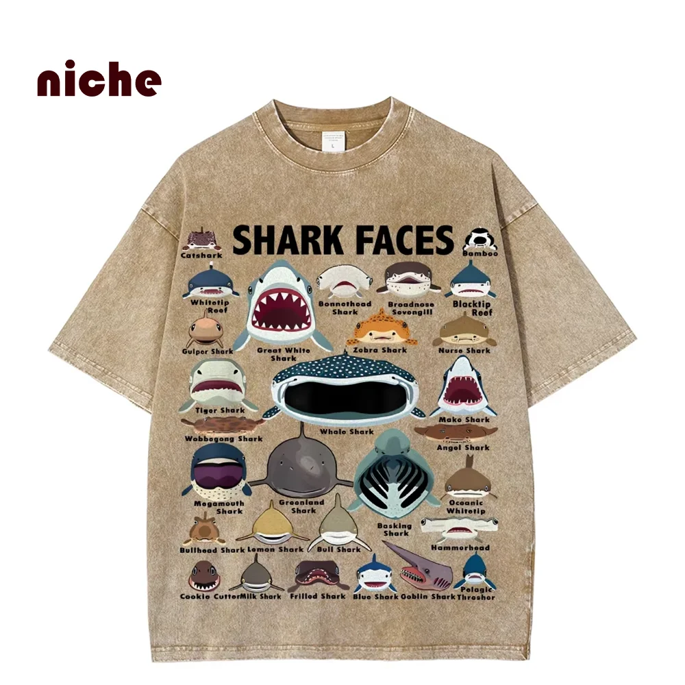 

Water Retro Old Neutral Style T-Shirt Various Shark Printing High Quality Pure Cotton Round Neck Pullover New Short Sleeves