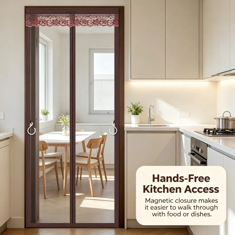 Magnetic Screen Door for Doorway,High-Density Dense Mesh,Classic Solid Brown with Red Lace,SelfClosing Hands-Free Insect Curtain