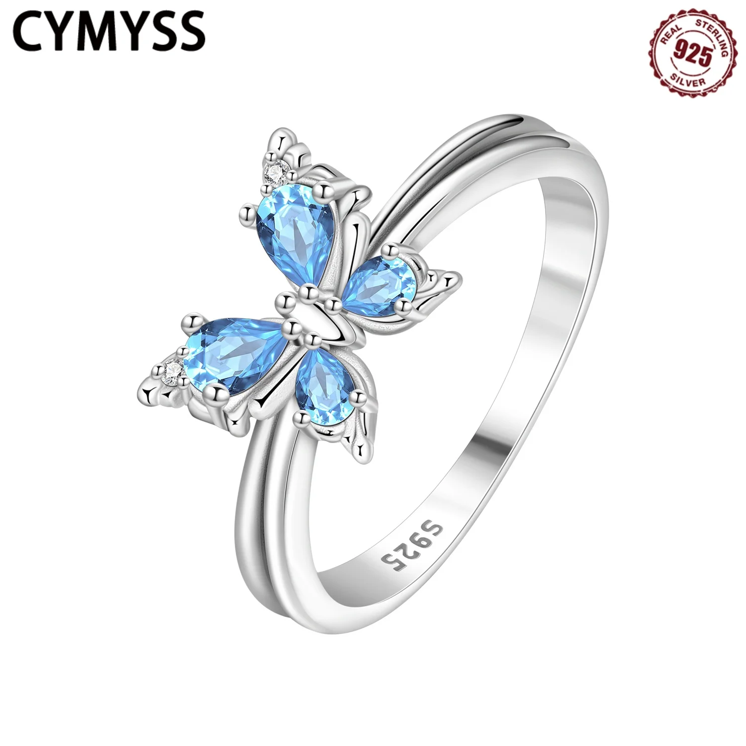 

CYMYSS 2025 New S925 Sterling Silver Blue Butterfly Ring Fine Jewellery Gifts Women's Wedding Party Closed Neck