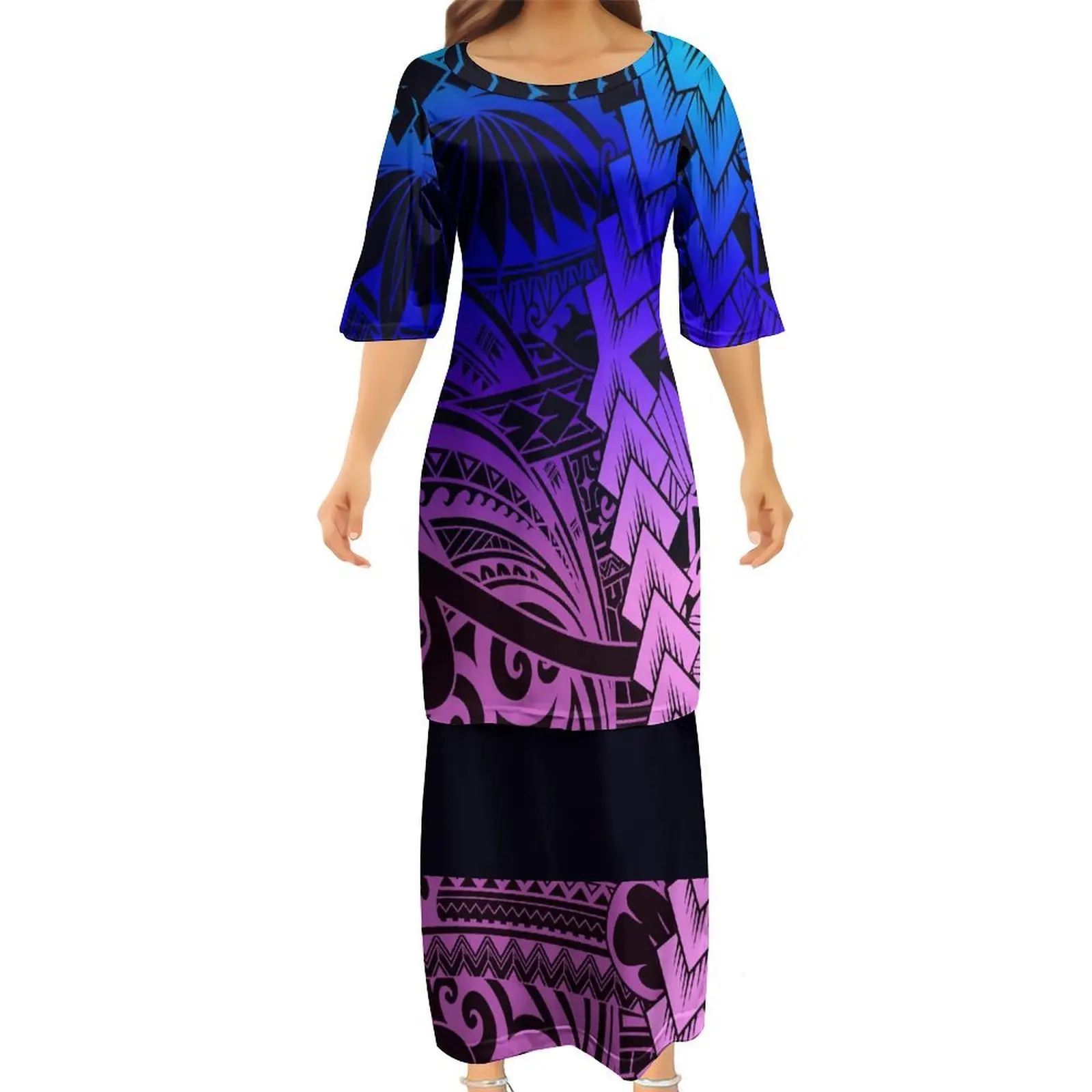 Summer Short-Sleeved Round-Neck Puletasi Custom Polynesian Women'S Dress Pattern Pacific Island Casual Women'S Wear