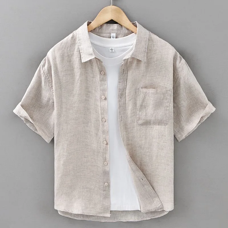 Summer Pure Linen Short Sleeve Casual Loose Cotton Linen Shirt Vintage Thin Style Men's Fashion Breathable Comfortable Skin-F...