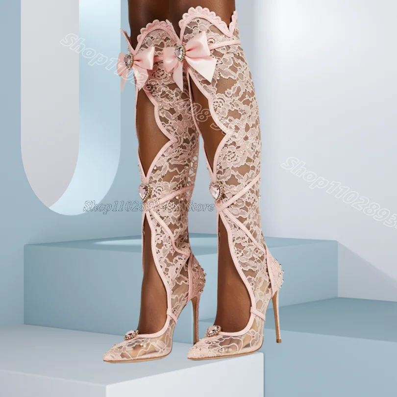 

Pink Crystal Lace Bowknot Decor Boots Stiletto Stylish Pointed Toe Design Women Casual Dress Sandal Boots Zapatos Para Mujere