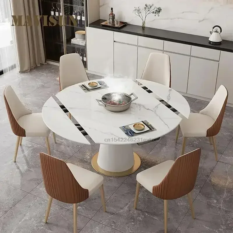 Cream Color High-end Telescopic Round Dining Table Light Luxury Minimalist Home Furniture Mesa De Comedor Dining Room Furniture