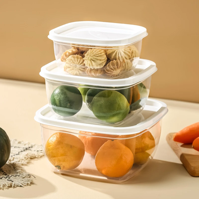 

3PCS Refrigerator Food Storage Fresh-Keeping Box Sealed Container Plastic Transparent Square Fruit Vegetable Freezing Organizer