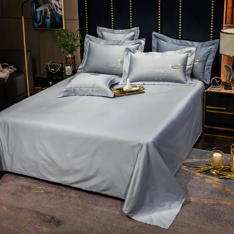 Long-staple Cotton Embroidery Plain Color Four-piece Bed Linen  Four Seasons Universal Light Luxury Style Bedding Peacock Gray