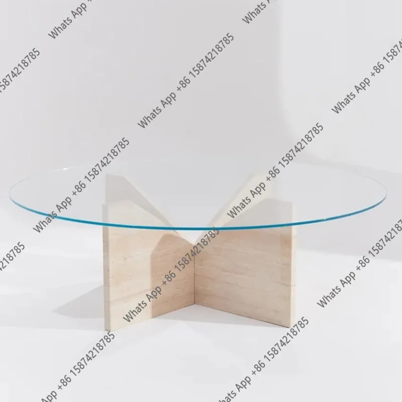 

Natural travertine coffee table designer modern simple living room household round coffee table Nordic glass tea table