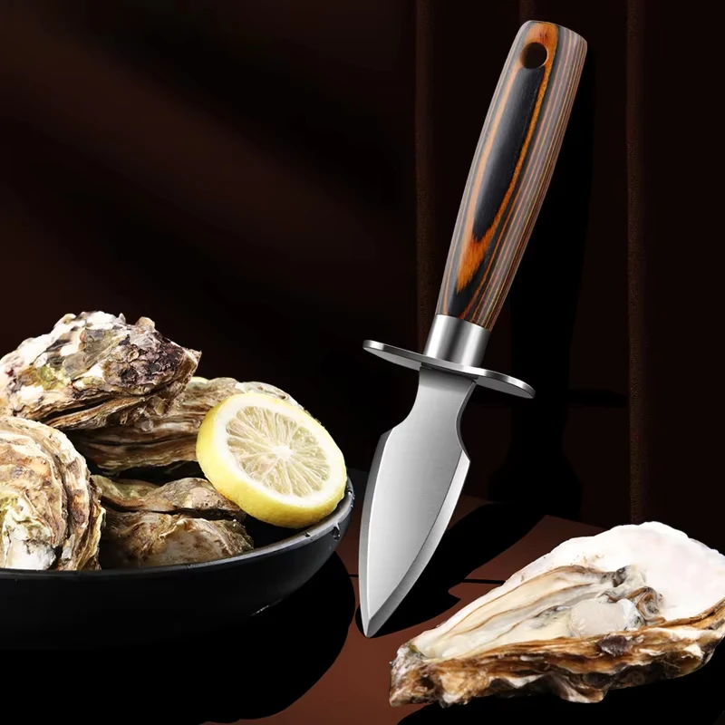 Abridor de cáscara de ostra festoneado, abridor de mariscos de mariscos de mariscos de acero inoxidable para el hogar, herramientas para pelar ostras, cuchillo para pelar ostras, mango de madera