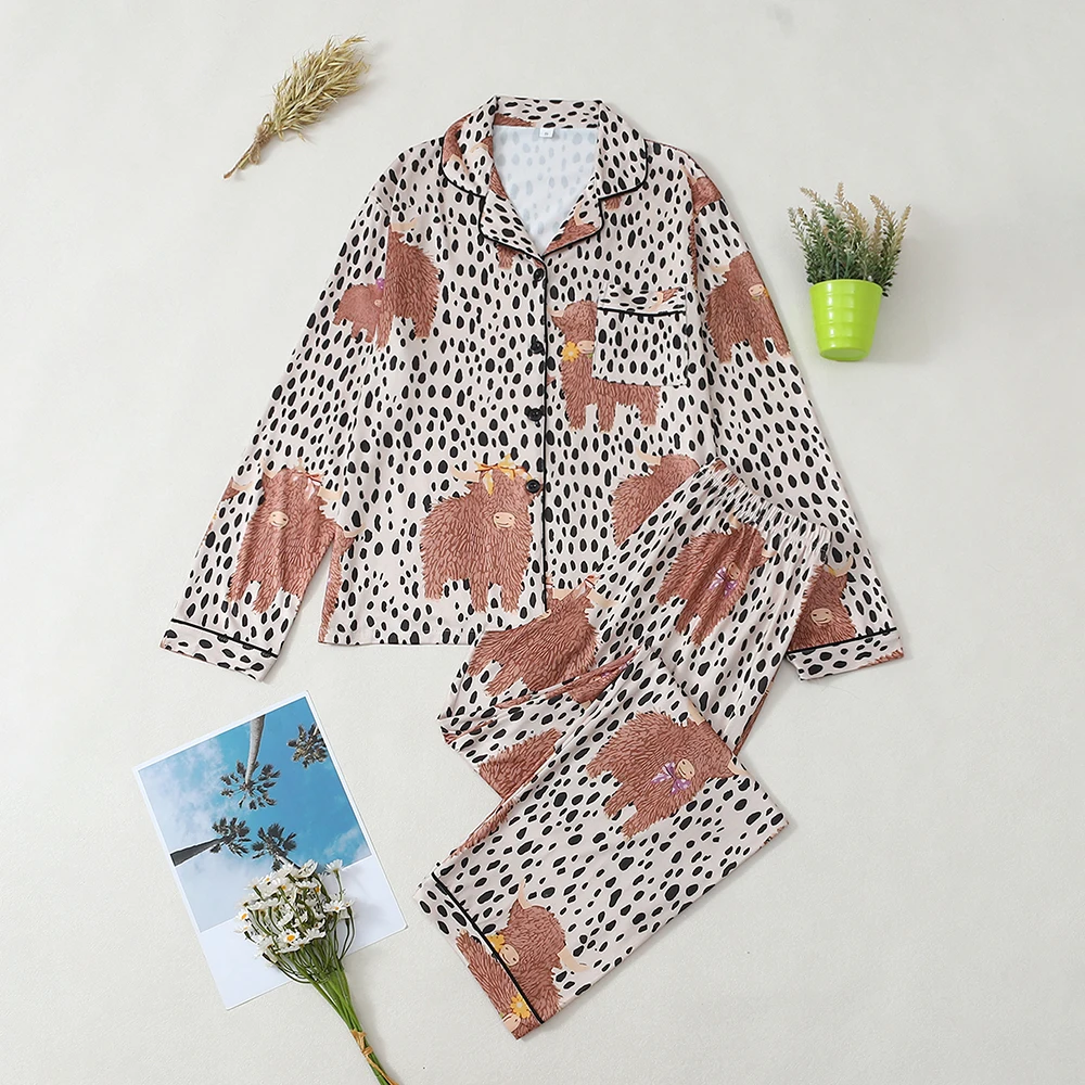 

2Pcs Animal Print Pajama Set For Women Comfortable Loose Long Sleeve Long Pants Spring Autumn New Female Nightwear Loungewear