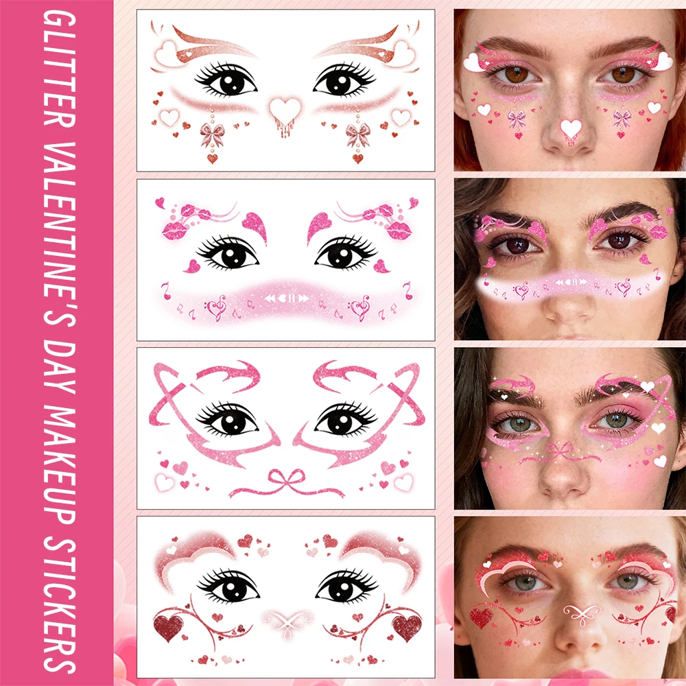 

10 Sheets Pink Love Heart Glitter Face Sticker Romantic Love Lip Bow Design Temporary Tattoo Valentine's Day Makeup Face Decals