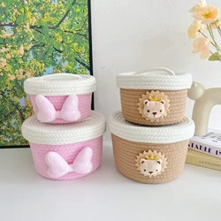 Cute Styling Woven Storage Basket with Lid Simple Miscellaneou Organization Case Living Room Sundries Organize Deposit Container
