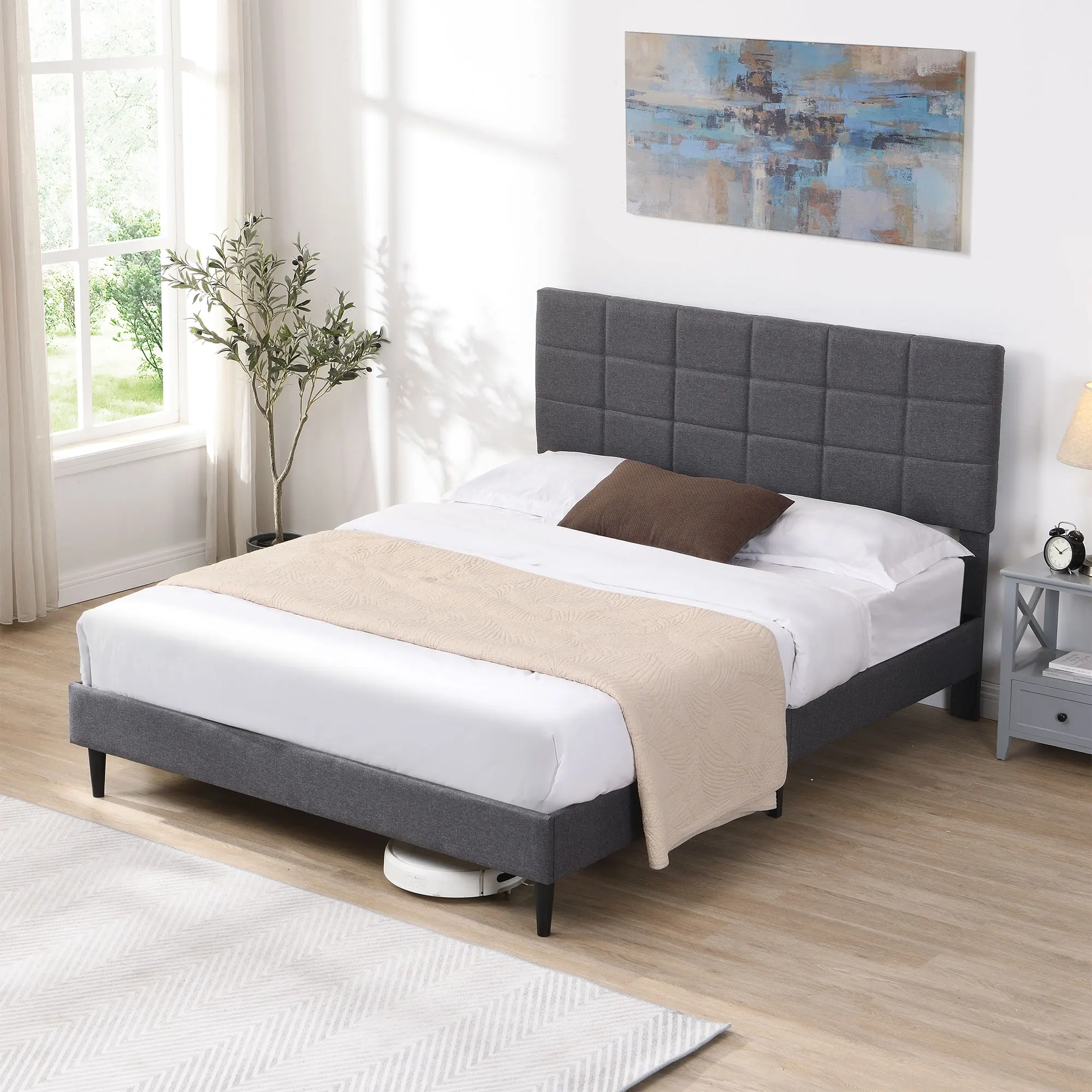 [Flash Sale]Queen/Full Size Platform Bed Frame with Fabric Upholstered Headboard&Wooden Slats Gray/Beige Easy Assembly[US-W]