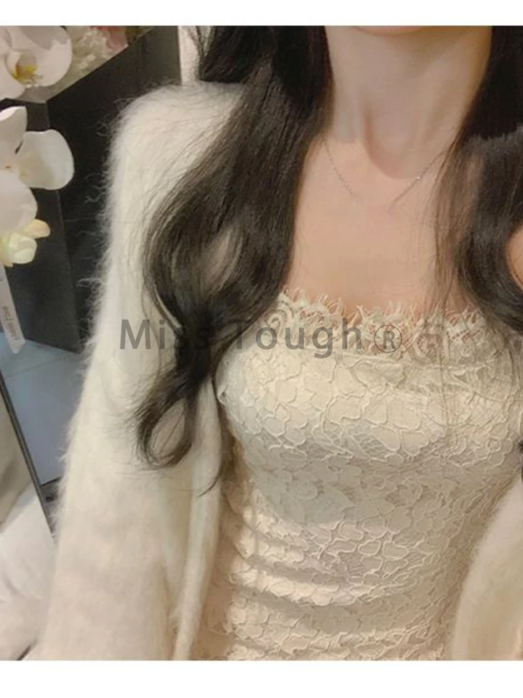 Winter Vintage Knitte Two Piece Set Women Lace Strap Dress+fur Sweater Cardigan Suit Female Korean Fashion Retro Warm Suit 2023