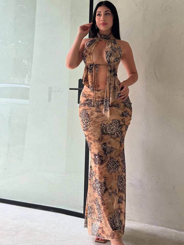 

Macheda Leopard Print Fashion 2 Piece Set Women Halter Turtleneck Irregular Hollow Lace-Up Tops+Ruched Skirts Club Party Outfits