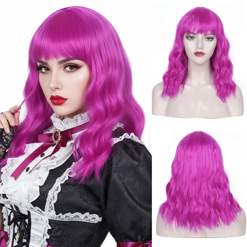 Short Wavy Wig with Bangs for Women Purple Synthetic Hair Natural Looking Heat Resistant Casual Short Wig