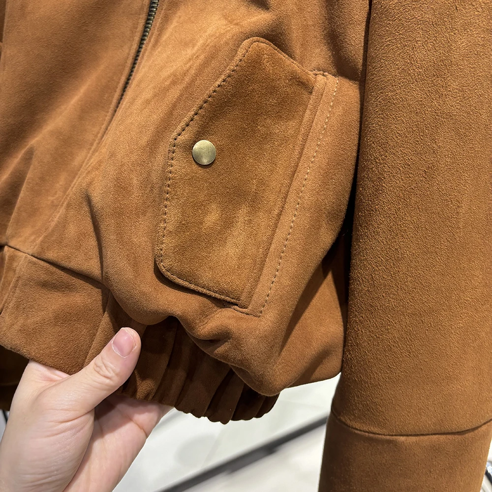 YOLOAgain Suede Leather Jacket Coat Women Real Leather Cropped Jacket Bomber Jacket