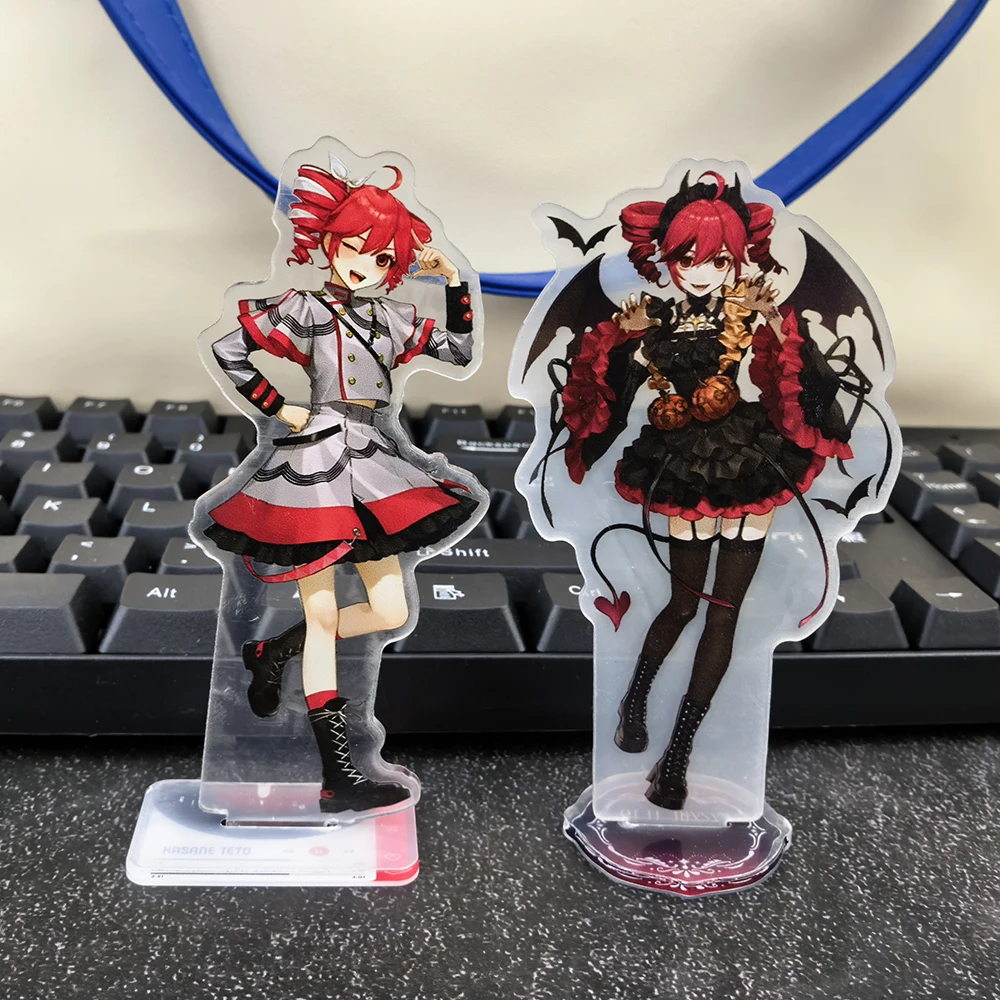 Anime Kasane Teto Acrylic Stand Set Twin Drill Red Hair Uniform Dress & Gothic Bat Wing Devil Outfit Clear Table Decor