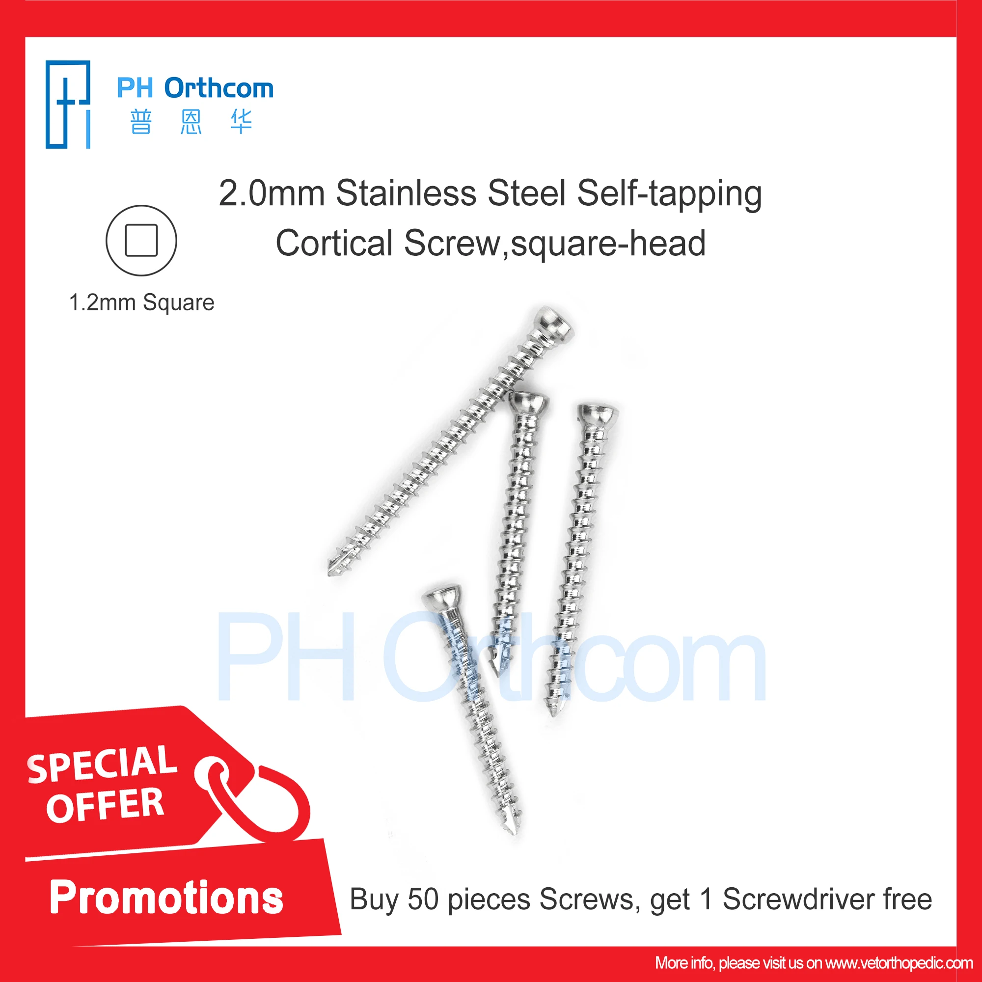 Buy Fifty Pieces Screws, Get One Screwdriver Free! Act Now! 2.0mm Stainless Steel Self-tapping Cortical Screw Square-head