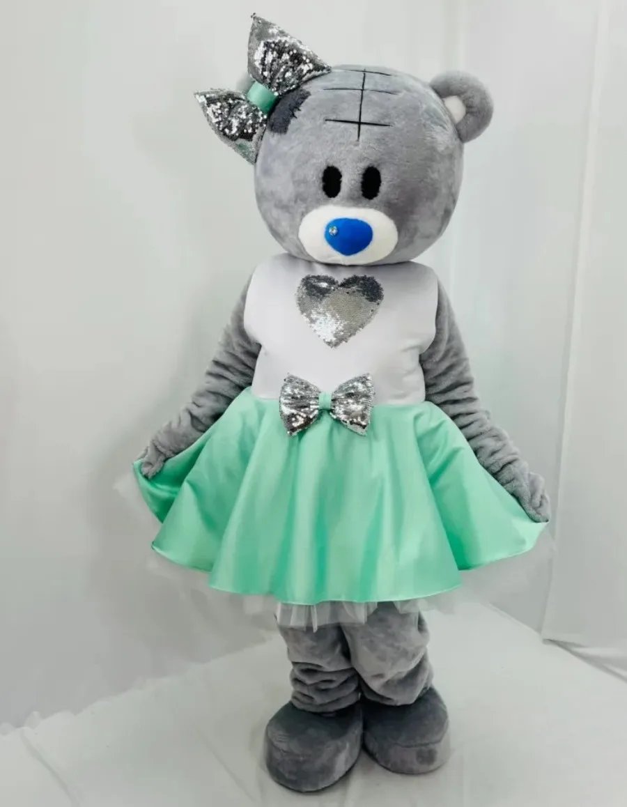 

Disney Grey Teddy Bear Mascot Costume with Green Dress Cartoon Characters Animal Cosplay Outfits Wedding Performance Props
