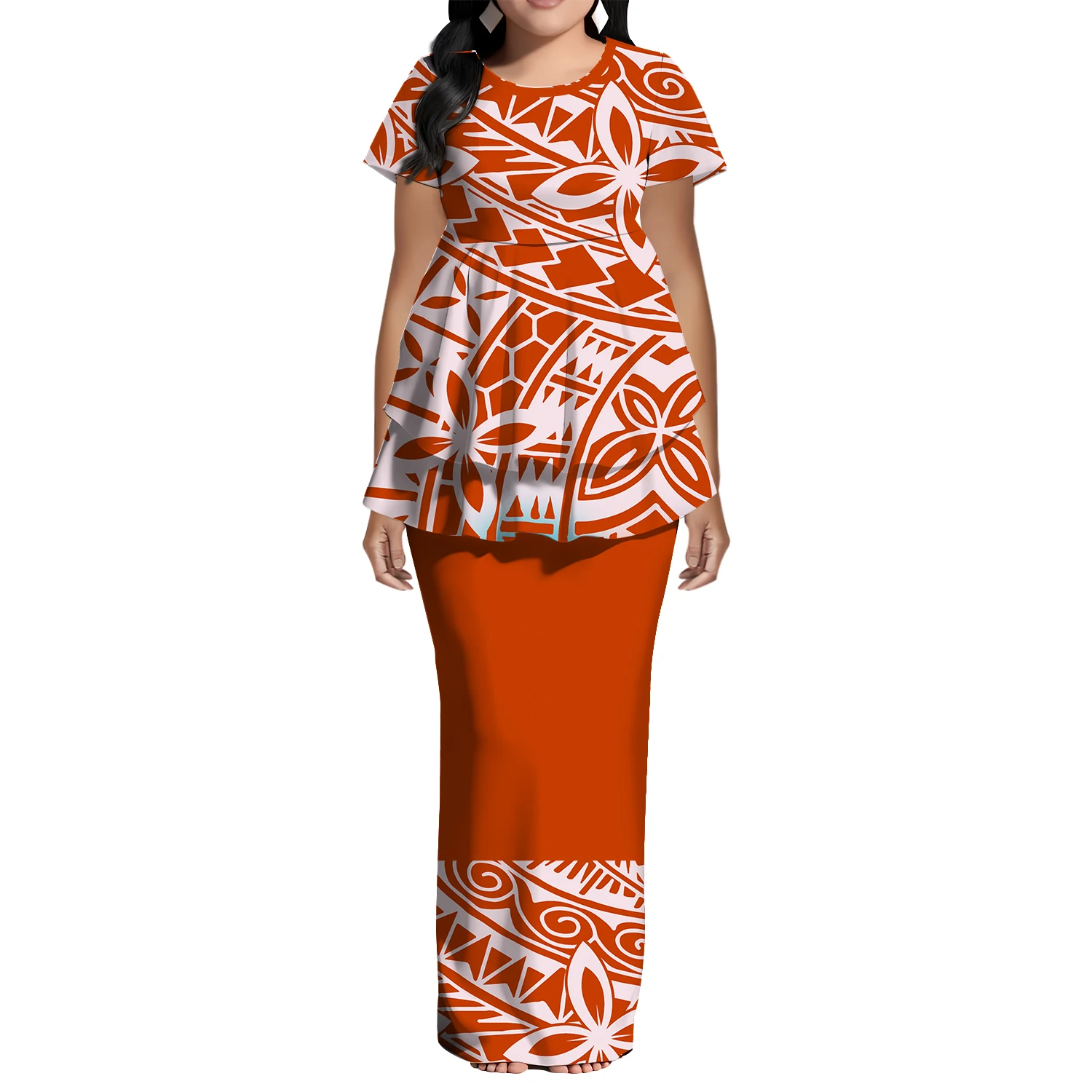 ポリネシアの伝統的な女性用プネタシ、サモア島の部族デザイン、高品質の半袖フィッシュテールトップスとスリムフィットスカート