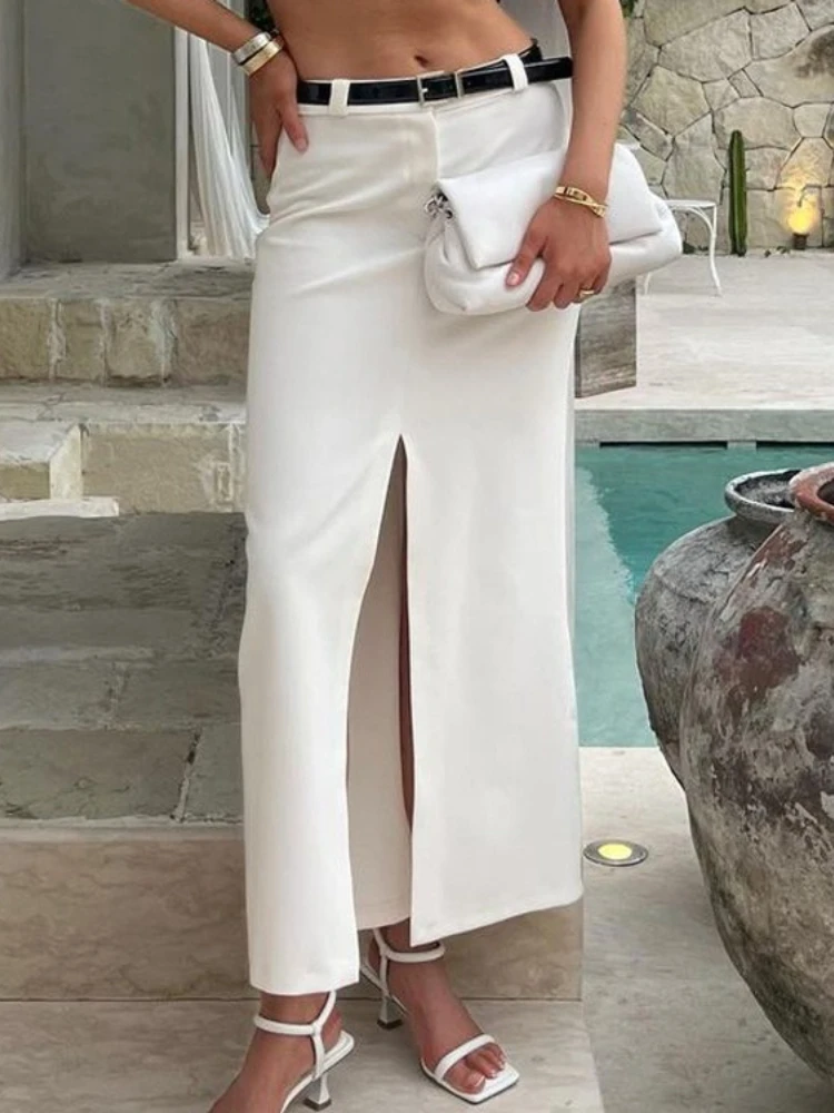 Tsiisd-falda Maxi dividida para ir al trabajo para mujer, falda ajustada de Blanco sólido a la moda, traje de pierna recta de retales de cintura alta, faldas Maxi para mujer, nuevo