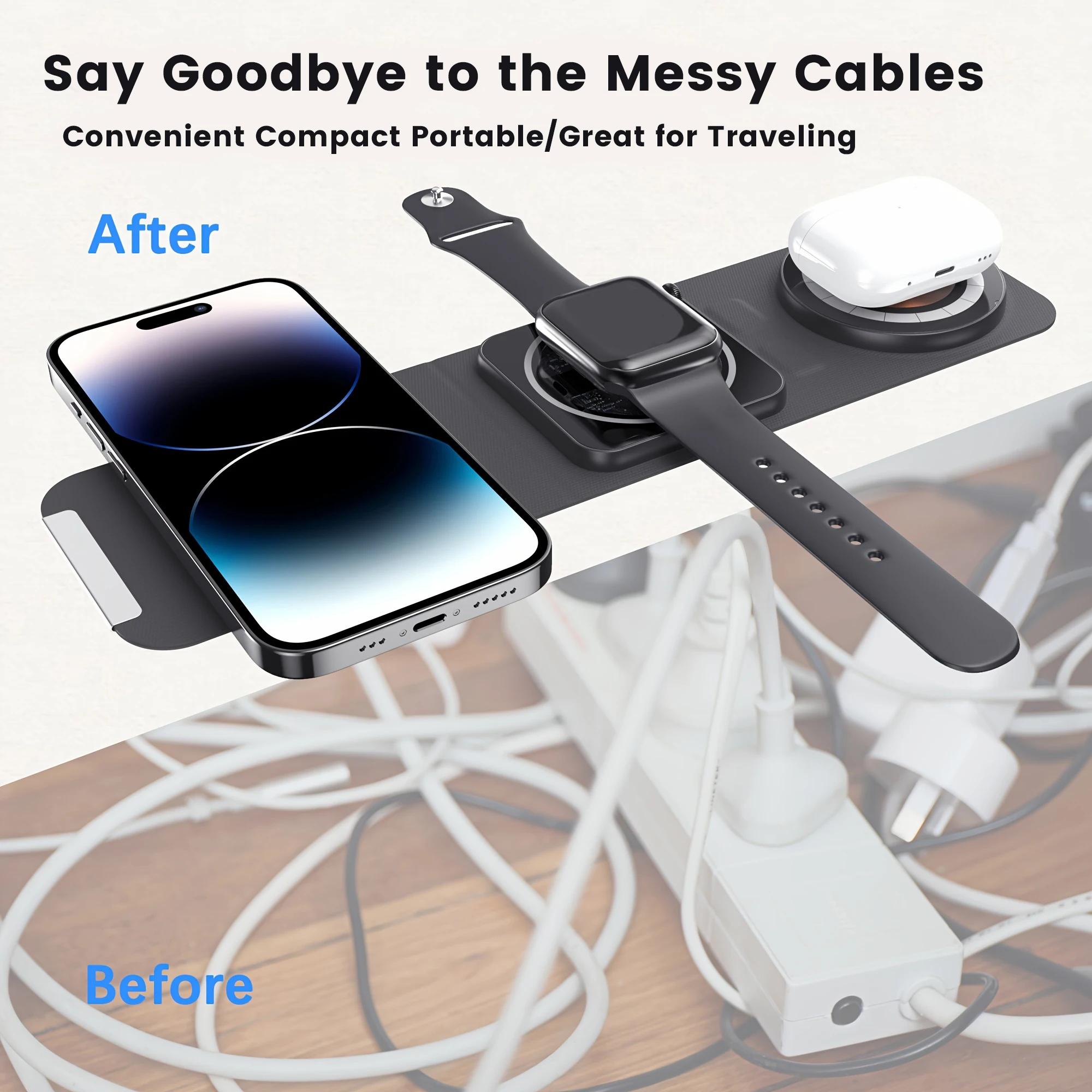 아이폰, 워치, 에어팟 동시 고속 충전을 위한 3 in 1 접이식 충전기, 마그네틱 무선 파워 독