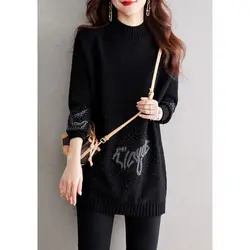 2024 Winter New High Grade Hot Diamond Black Base Sweater Medium to Long Sweater Cover Butt Casual Top for Women
