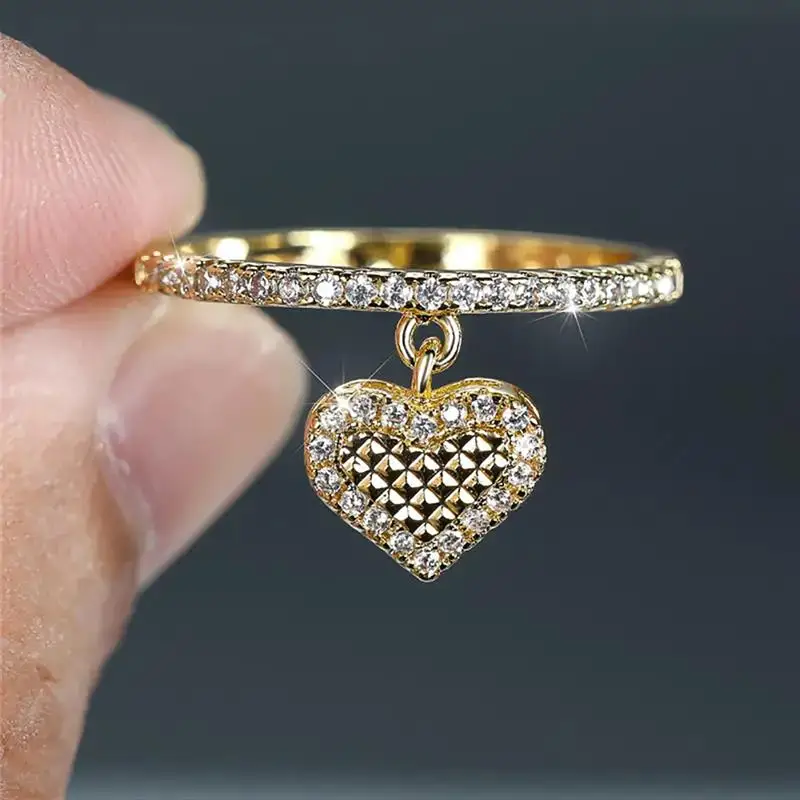 Huitan Herz-Anhängerring für Frauen, romantische Party, Hochzeit, silberfarben/goldfarben, eleganter Schmuck, Modeaccessoires, eingelegte CZ