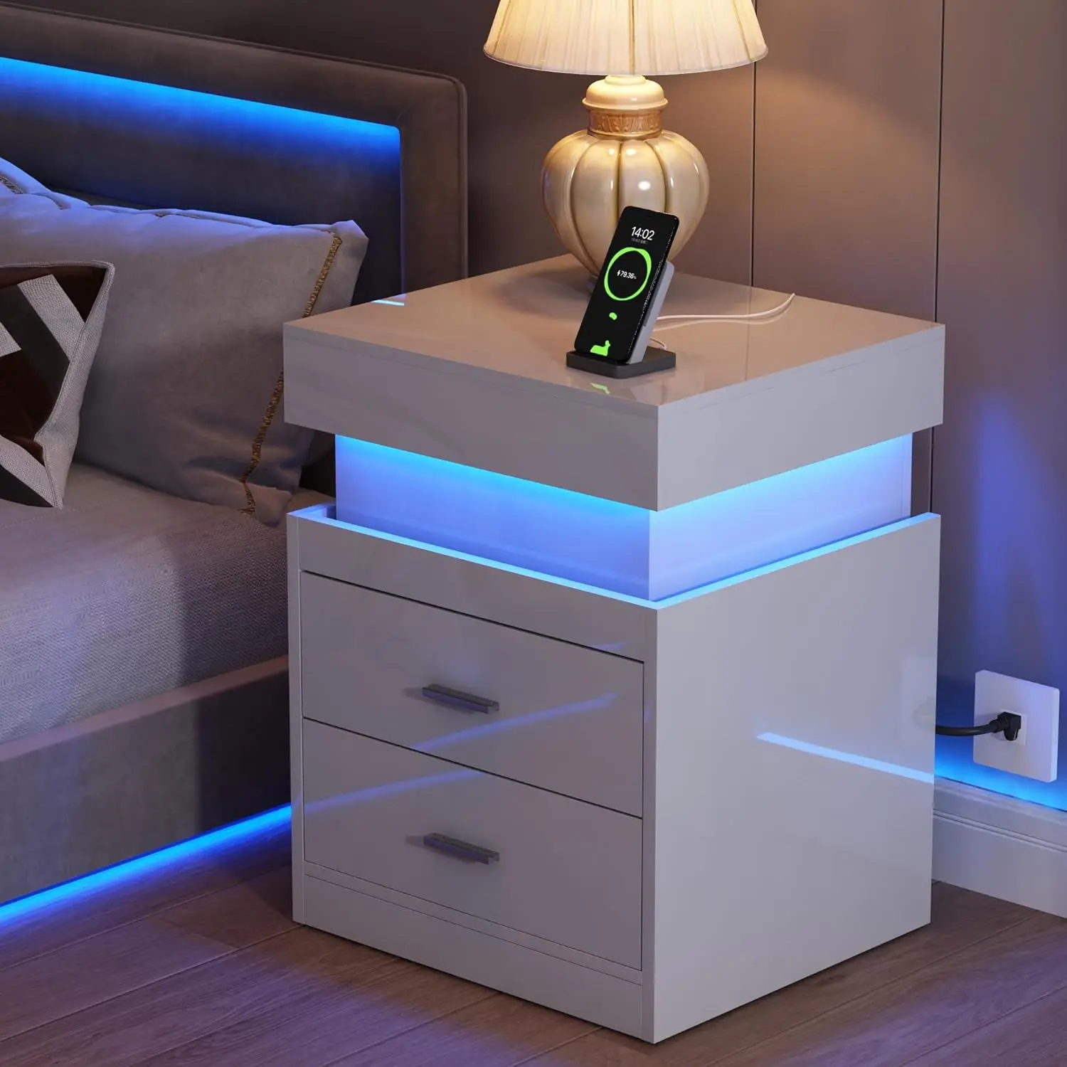 Nightstand with Charging Station, Smart Night Stand with Sliding Top Storage, 2-Drawers High Gloss Bedside Table, Modern End Tab