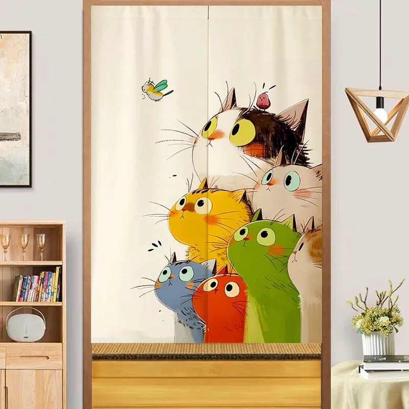 VIKAMA Stacked Colorful Cats Noren Door Curtain Cartoon Animal Print Hanging Curtain Bedroom Door Privacy Partition Home Decor