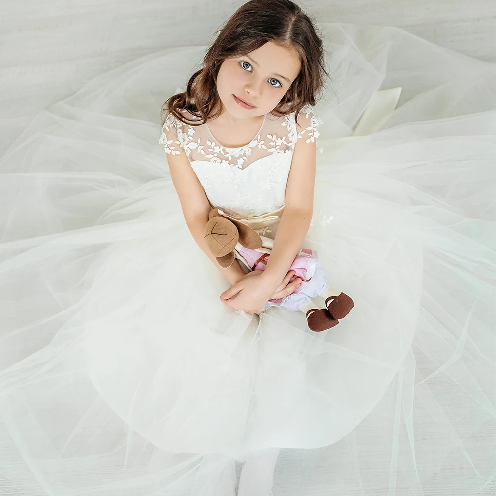 Flower Girl Dresses Fluffy Princess Ball Gown Appqulies Lace Tulle Wedding Guest Evening Party for Kids