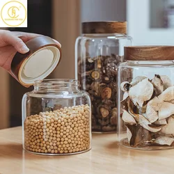 1.25/1.95/2.5/3.4L Glass Round Food Storage Jar with Wooden Lid Kitchen Coffee Beans Tea Grains Canister Home Snack Storage Tank