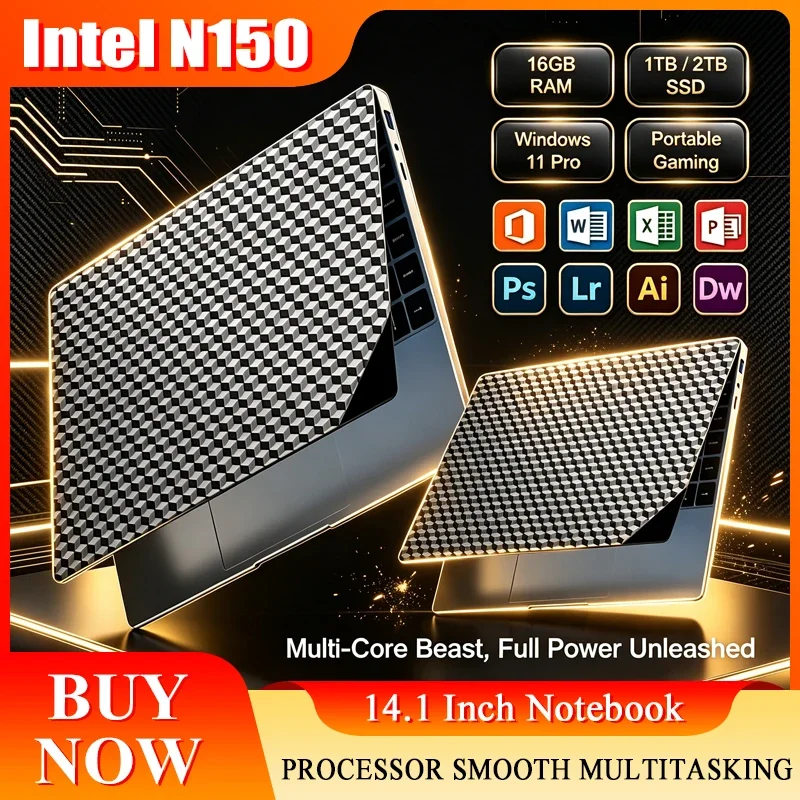 New 14.1'' Laptop Intel Core N150 32GB 2TB Gaming PC Ultra Slim Office Study Computer PC Windows 11 Pro 1920*1080 HD