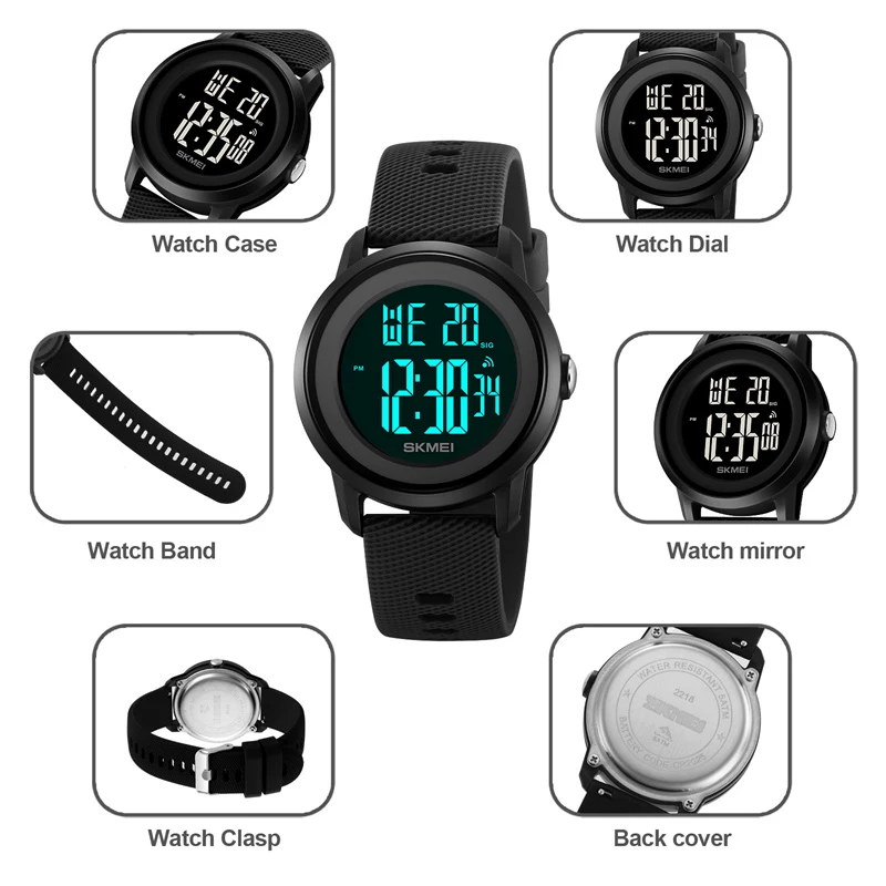 Skmei Women\'s Wristwatch Fashion Silicone Strap 50M Waterproof Swimming Sports Stopwatch LED Light Digital Ladies Watches