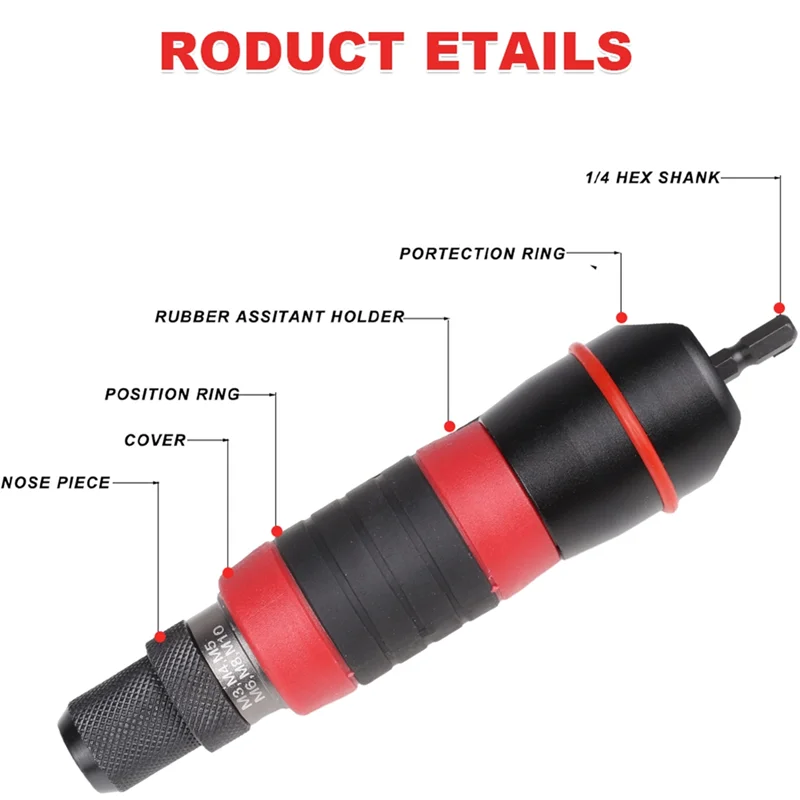 A04G-Quick Riveting Tool Rivert Nut Tool Converter M3  M5 M6 M8 M10 Adapter Plug-In Electric Rivet Nut Gun