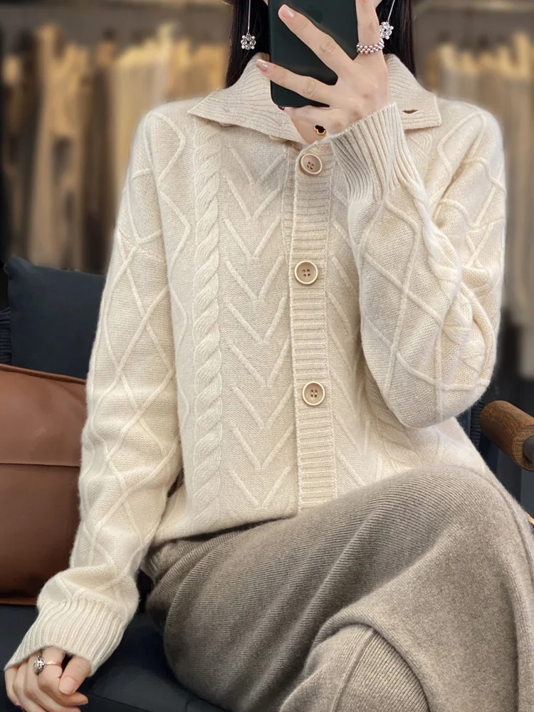 

Модный кардиган из 100% мериносовой шерсти, женский вязаный свитер с высоким воротом и лацканами, осень-зима, теплая кашемировая трикотажная ткань с длинными рукавами